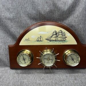 Vintage Sunbeam Nautical Weather Station Barometer Thermometer Wood Coastal